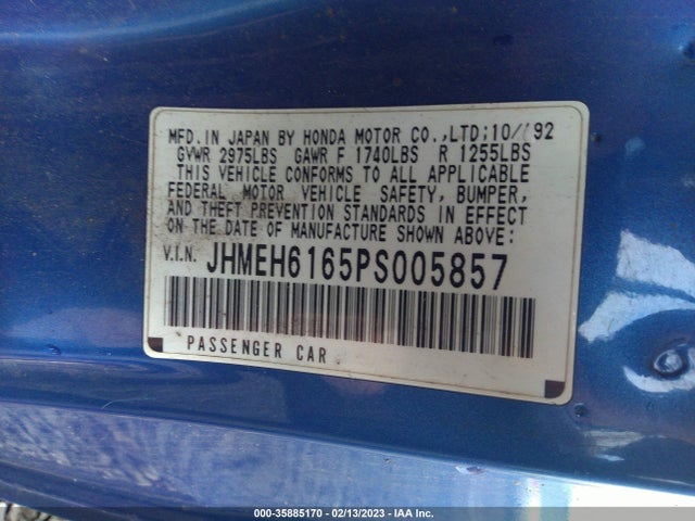 1993 HONDA CIVIC DEL SOL SI VIN: JHMEH6165PS005857