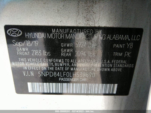 2020 HYUNDAI ELANTRA SEL VIN: 5NPD84LF0LH539890