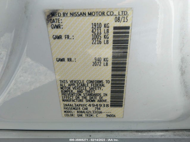 2015 NISSAN ALTIMA 2.5 VIN: 1N4AL3APXFC494938