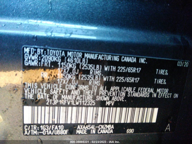 2020 TOYOTA RAV4 XLE VIN: 2T3P1RFV1LW112325