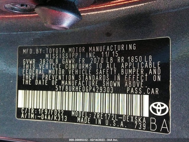 Toyota Corolla L/le/s/s Plus/le Plus 2016 5YFBURHE0GP429303 Image 9