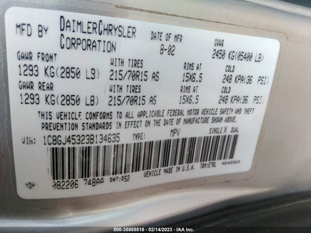 2003 CHRYSLER VOYAGER LX VIN: 1C8GJ45323B134635