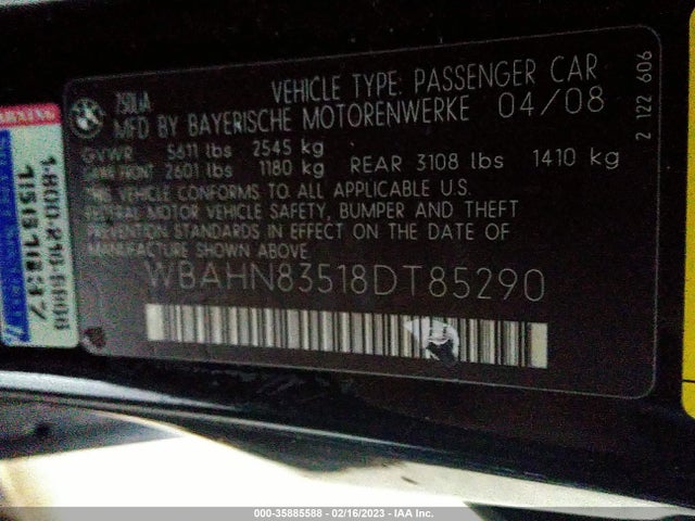 2008 BMW 7 SERIES 750LI VIN: WBAHN83518DT85290