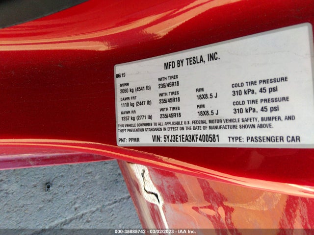 Tesla Model 3 Range 2019 5YJ3E1EA3KF400581 Image 11