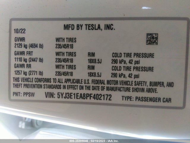 Tesla MODEL 3 2023 5YJ3E1EA8PF402172 Image 10