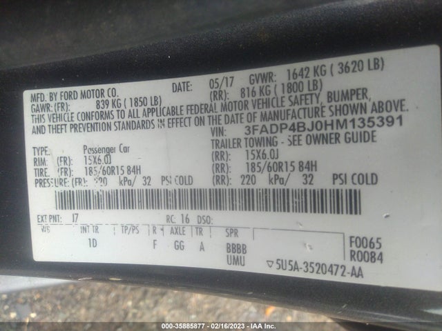 2017 FORD FIESTA SE VIN: 3FADP4BJ0HM135391