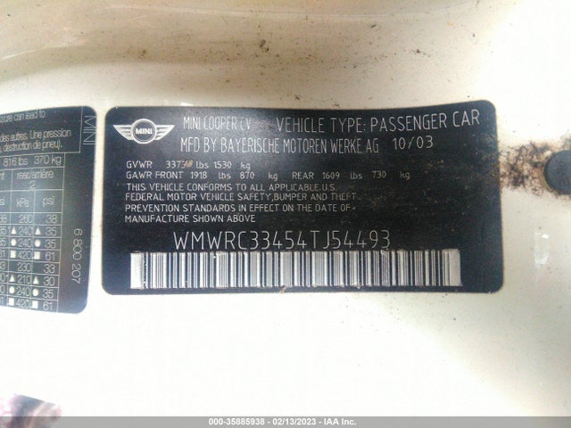 WMWRC33454TJ54493 Mini COOPER HARDTOP