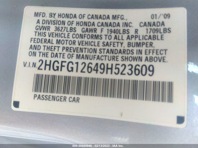 2009 HONDA CIVIC CPE LX VIN: 2HGFG12649H523609