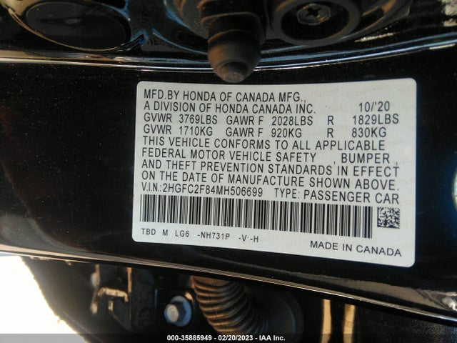 2021 HONDA CIVIC SEDAN SPORT VIN: 2HGFC2F84MH506699