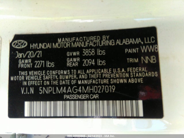 2021 HYUNDAI ELANTRA SEL VIN: 5NPLM4AG4MH027019