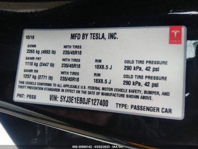 Tesla MODEL 3 2018 5YJ3E1EB0JF127400 Image 10