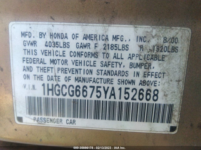 2000 HONDA ACCORD SDN EX VIN: 1HGCG6675YA152668
