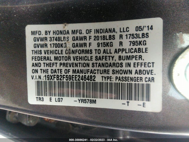 Honda Civic Sedan Lx 2014 19XFB2F59EE246482 Image 9