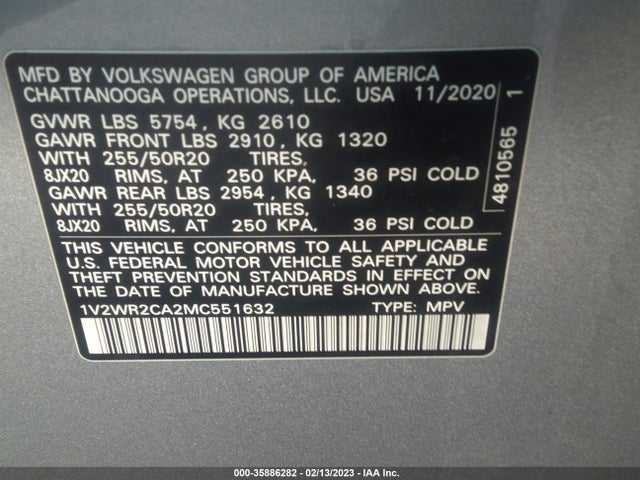 2021 Volkswagen Atlas, VIN: 1V2WR2CA2MC551632