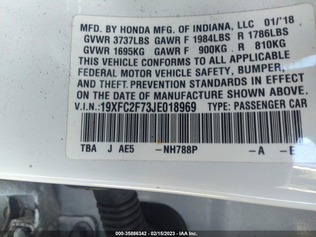 2018 HONDA CIVIC SEDAN EX VIN: 19XFC2F73JE018969