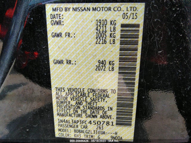 2015 NISSAN ALTIMA 2.5 S VIN: 1N4AL3AP3FC450781