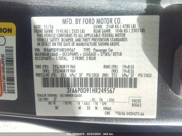 2017 Ford Fusion, VIN: 3FA6P0D91HR249567