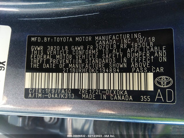 Продаж на аукціоні авто 2019 Toyota Corolla L/le/se/xle/xse, vin: 2T1BURHE0KC194894, номер лоту: 35886532