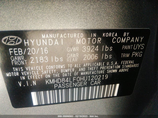 2017 HYUNDAI ELANTRA LIMITED VIN: KMHD84LF0HU120219