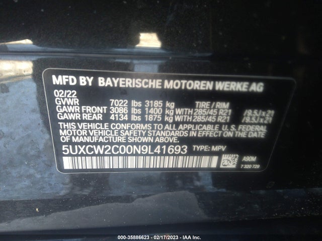 2022 BMW X7, VIN: 5UXCW2C00N9L41693