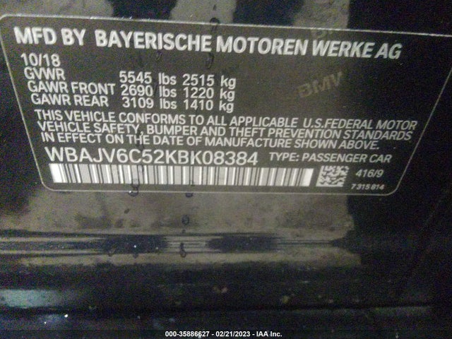 2019 BMW 6 Series, VIN: WBAJV6C52KBK08384