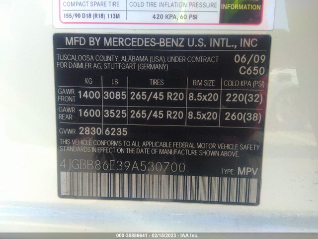 35886641 :رقم المزاد ، 4JGBB86E39A530700 vin ، 2009 Mercedes-benz M-class 3.5l مزاد بيع