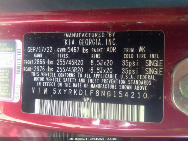 5XYRKDLF8NG154210 KIA SORENTO SX