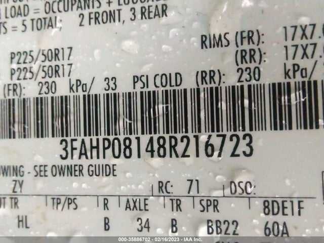 2008 FORD FUSION SEL VIN: 3FAHP08148R216723