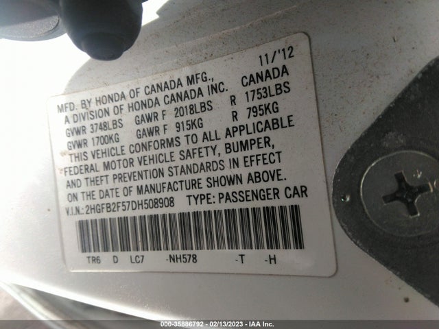 2013 HONDA CIVIC SDN LX VIN: 2HGFB2F57DH508908