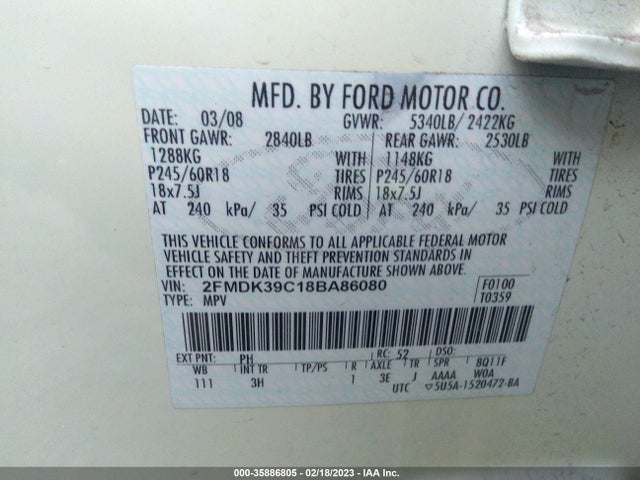 2008 FORD EDGE LIMITED VIN: 2FMDK39C18BA86080