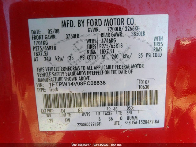 2008 FORD F-150 XLT/FX4/LARIAT VIN: 1FTPW14V08FC08638
