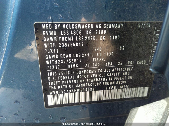 WVGRV7AX5HW506988 Volkswagen Tiguan Wolfsburg Edition