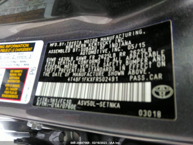 2015 TOYOTA CAMRY XLE/SE/LE/XSE VIN: 4T4BF1FKXFR502491