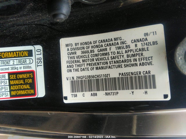 2012 HONDA CIVIC CPE LX VIN: 2HGFG3B56CH511021