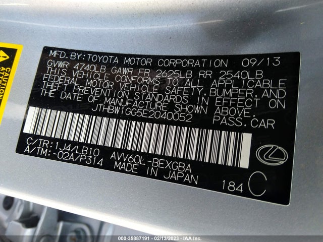 JTHBW1GG5E2040052 Lexus Es 300h Hybrid