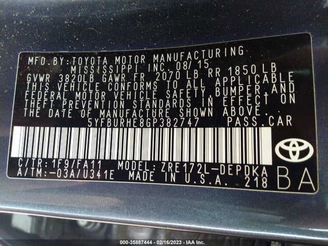 Toyota Corolla L/le/s/s Plus/le Plus 2016 5YFBURHE8GP382747 Image 9