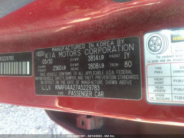 KNAFU4A27A5229783 KIA FORTE EX