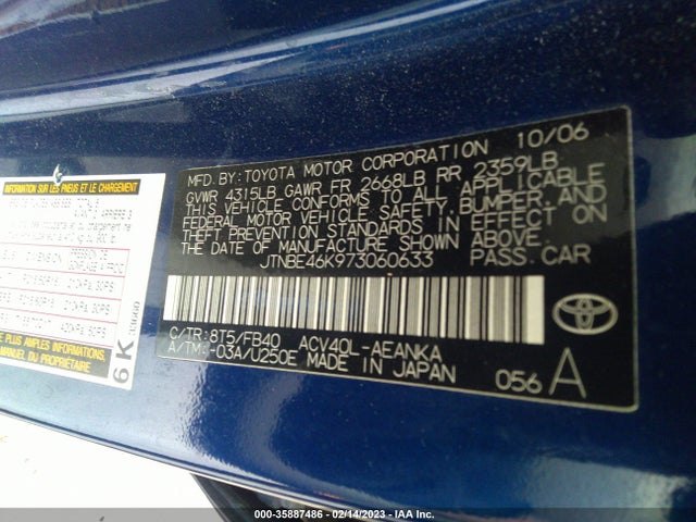 2007 TOYOTA CAMRY CE/LE/SE/XLE VIN: JTNBE46K973060633
