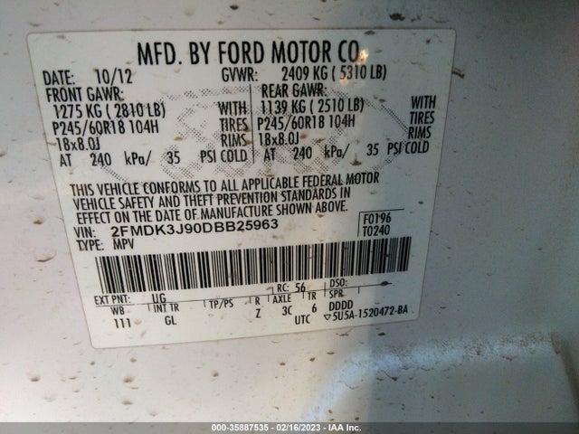 2013 FORD EDGE SEL VIN: 2FMDK3J90DBB25963