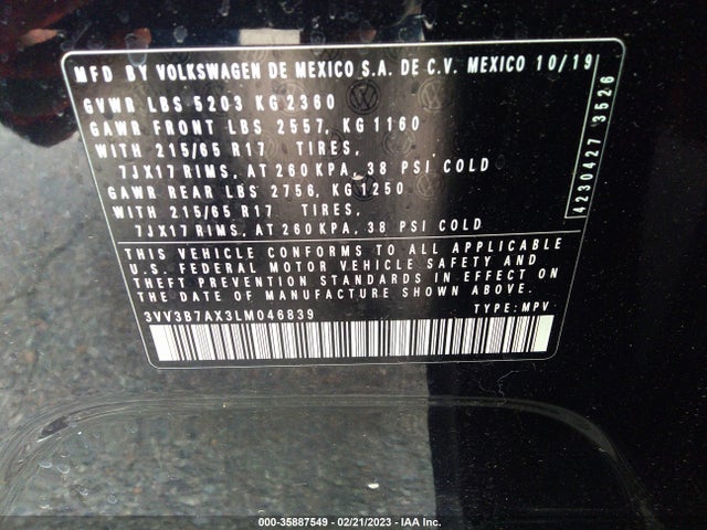 3VV3B7AX3LM046839 Volkswagen Tiguan Se/sel/se R-line Black