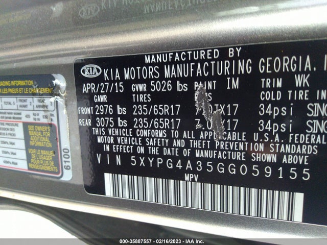 2016 Kia Sorento, VIN: 5XYPG4A35GG059155