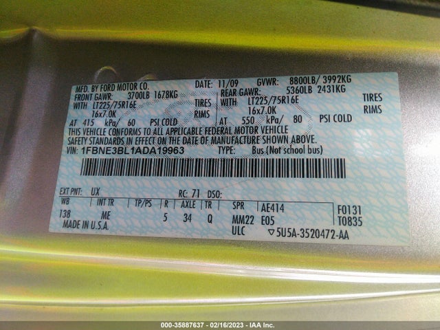 2010 FORD ECONOLINE WAGON XL/XLT VIN: 1FBNE3BL1ADA19963