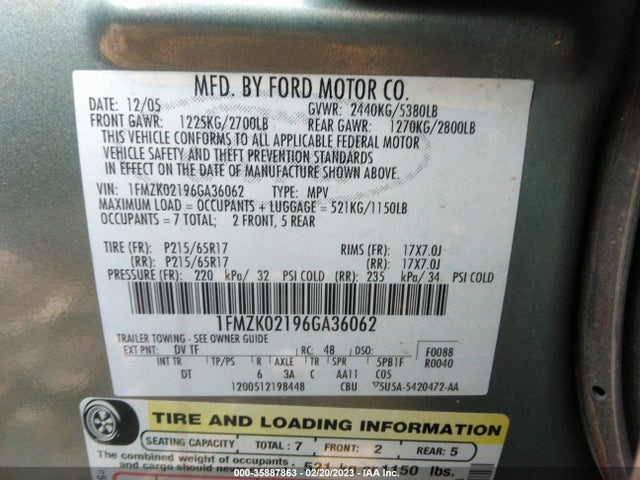 2006 FORD FREESTYLE SEL VIN: 1FMZK02196GA36062