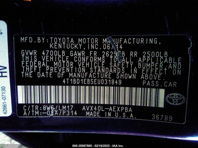 2014 TOYOTA AVALON HYBRID LIMITED/XLE TOURING VIN: 4T1BD1EB5EU031849