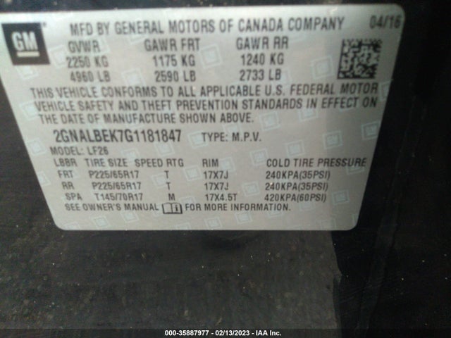 2016 Chevrolet Equinox, VIN: 2GNALBEK7G1181847