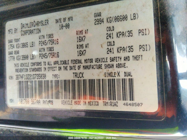 Dodge RAM 1500 2001 3B7HF13Z21G735030 Image 9