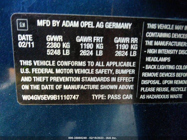2011 BUICK REGAL CXL TURBO TO1 VIN: W04GV5EV9B1110747