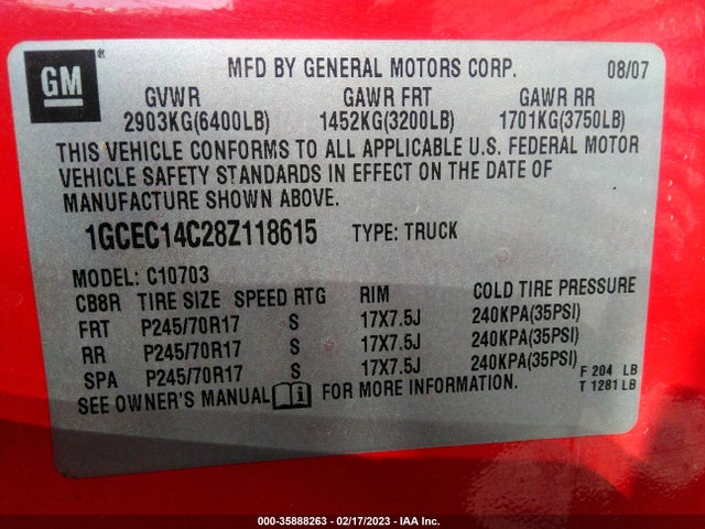 2008 CHEVROLET SILVERADO 1500 LT W/1LT VIN: 1GCEC14C28Z118615