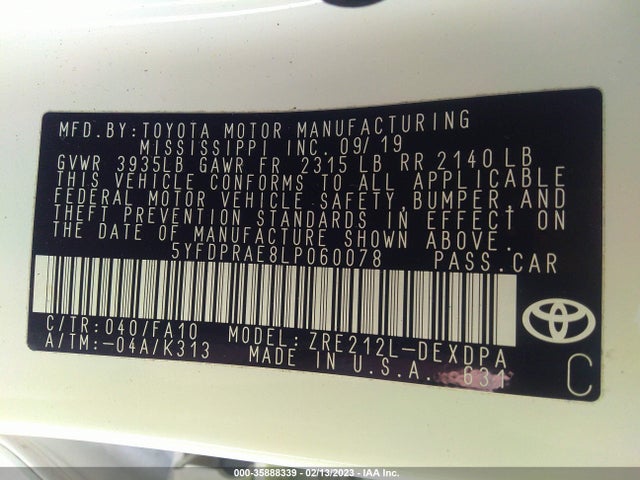 2020 TOYOTA COROLLA L VIN: 5YFDPRAE8LP060078
