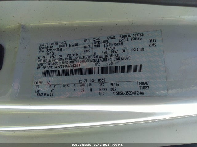 2009 FORD ECONOLINE CARGO VAN COMMERCIAL/RECREATIONAL VIN: 1FTNE24W79DA34251